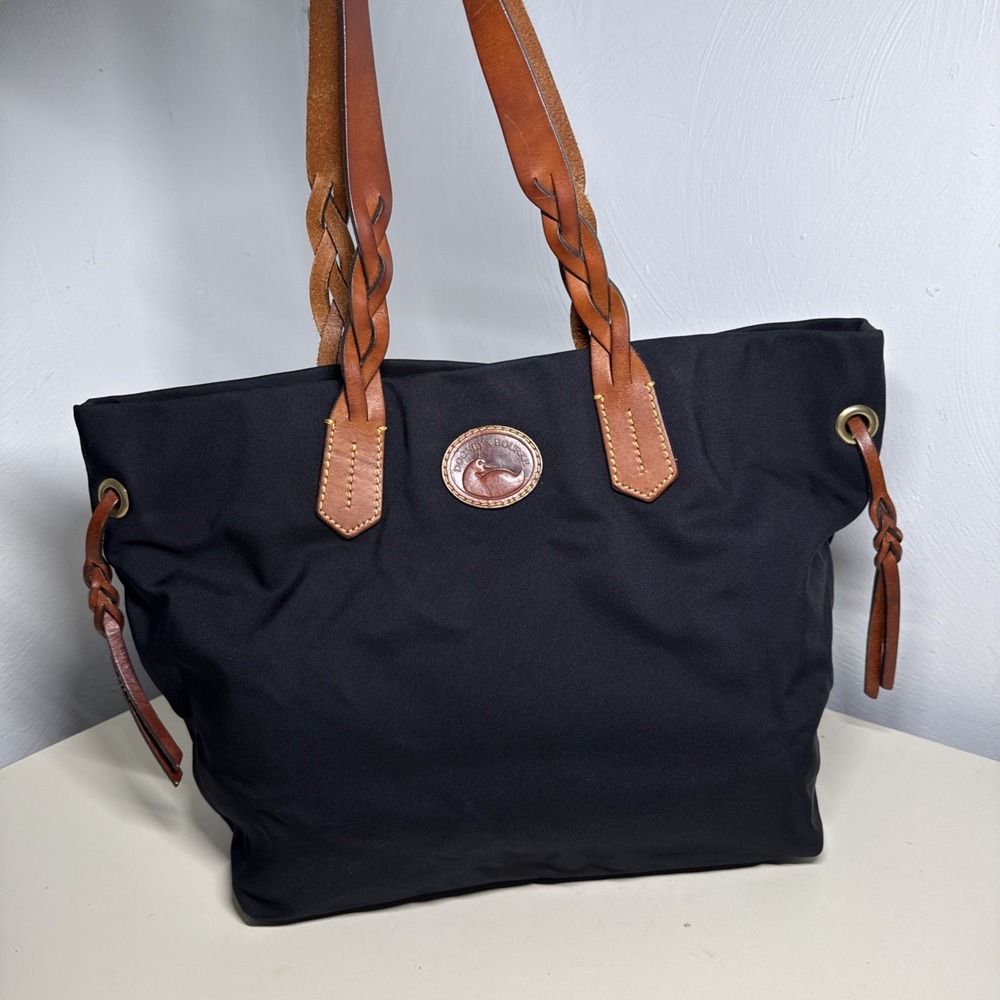 Dooney & Bourke Navy Nylon Lg Shopper Tote Bag Brown Leather Braided Duck Logo